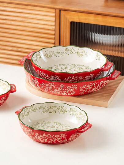 1 Piece Fashionable Retro Red Floral Handpainted Round Ceramic Baking Dish With Handle, Kitchen Cookware Household Dinnerware Baking Tray For Salad, Pasta, Cheese, Baking, Grilling Chicken - Oven & Microwave & Dishwasher Friendly, Non-Stick Easy To Clean, Suitable For Family, Restaurant Daily Use And Festivals