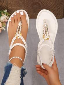 Women's Bohemian Elastic Band Solid Color PU Leather Beaded Criss-Cross Strap Flat Sandals, Suitable For Party, Beach, Outdoor In Summer - Beige - View 3