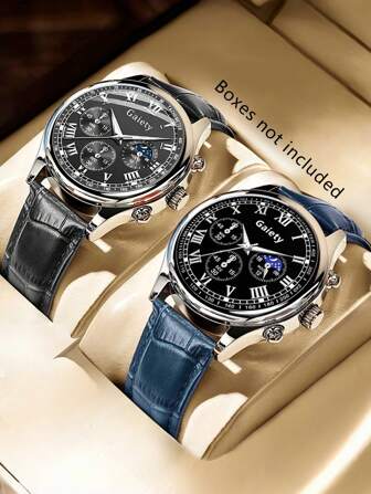 2Pcs Men's PU Leather Strap Fashionable Casual Classic Business Three Eye Roman Letter Dial Quartz Watch For Daily Wear Or Holiday Gifts