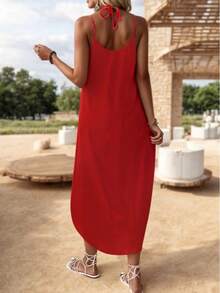 Loose V-Neck Midi Dress With Straps - Red - View 2