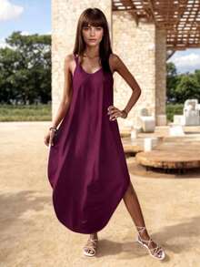 Loose V-Neck Midi Dress With Straps - Red Violet - View 3