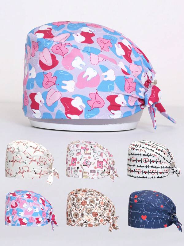 1 pieza Gorra estampada elástica de poliéster para dentista/médico/enfermera, gorra de trabajo unisex ajustable para clínica médica/veterinaria
