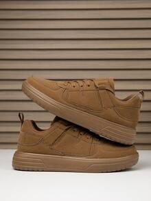 Men's Street-Style Comfortable Low-Top Flat Casual Sneakers, Solid Retro High-End Minimalist Design Lace-Up Low Top Leisure Shoes - Brown - View 7