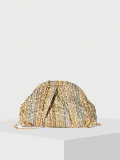 حقيبة يد نسائية مجدولة ذات نمط خطوط السحابة، حقيبة قش عصرية بتصميم تباين الألوان، مناسبة للشاطئ والعطلات