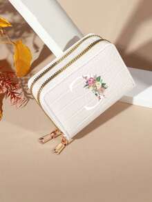 New Wallet Card Bag Clutch Bag, Fashion Wallet,Art Design Of Pink Floral Letters A-Z,Water-Repellent Pu Zipper Short Wallet Handbag,Double Zipper Multifunctional, Delicate Design, Large Capacity, Compact Size, Suitable For Driver's License, Business Cards, And Other Documents,Mini Thin Lightweight Zipper Credit Card Cash Money Portable, Multi Slots Credit Card Id Card Storage Bag, Perfect For Daily Use & Travel - White - View 7