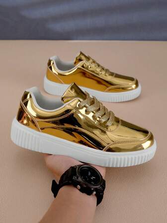 1 Pair Shiny Plain Color Lace-Up Canvas Sneakers For Teenagers, Casual Fashion Flat Shoes, Non-Slip Sports Shoes For Kids, Suitable For Outdoor Activities For All Seasons