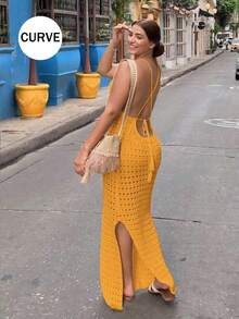 Plus Size Sexy Knitted Backless See-Through Slit Halter Slip Long Dress Skirt Swimwear Cover-Up Holiday Vacation Dresses Summer