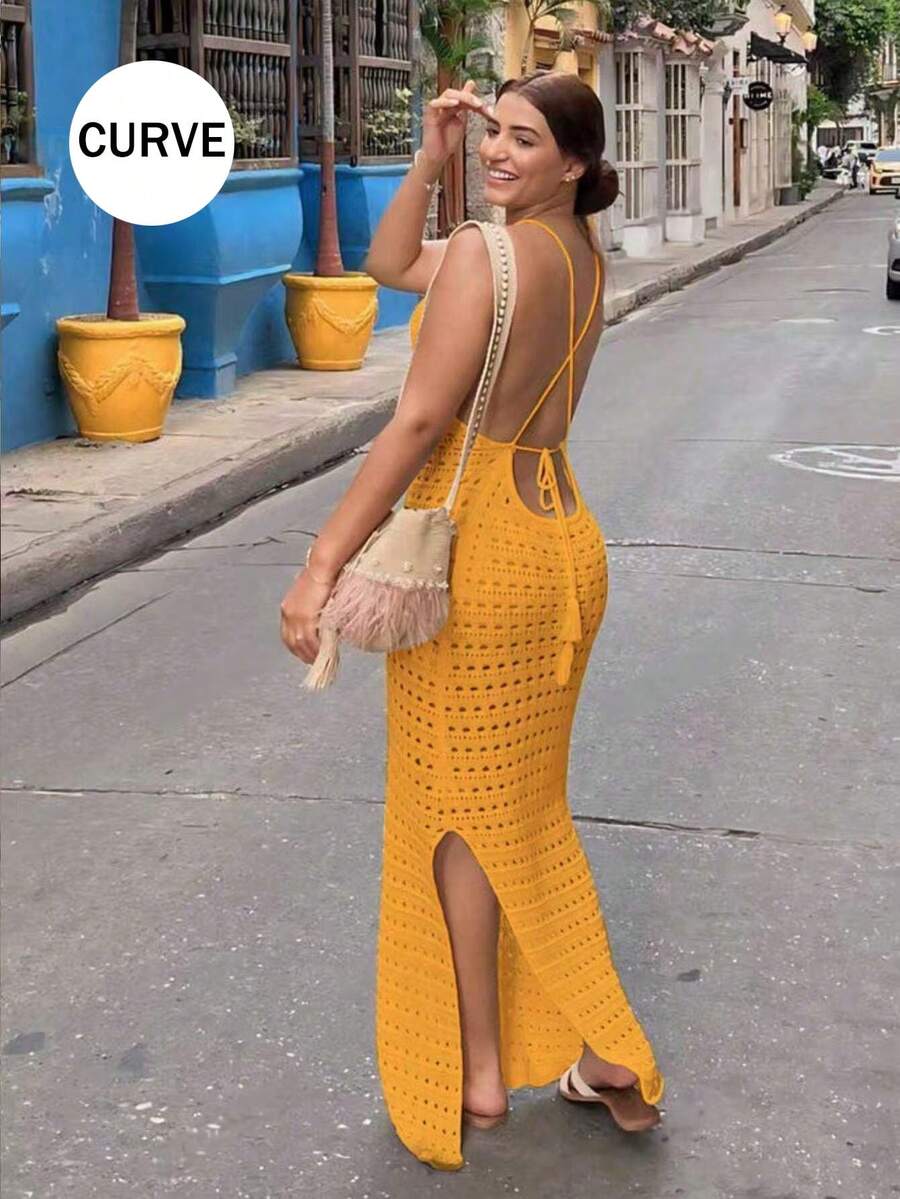 Plus Size Sexy Knitted Backless See-Through Slit Halter Slip Long Dress Skirt Swimwear Cover-Up Holiday Vacation Dresses Summer