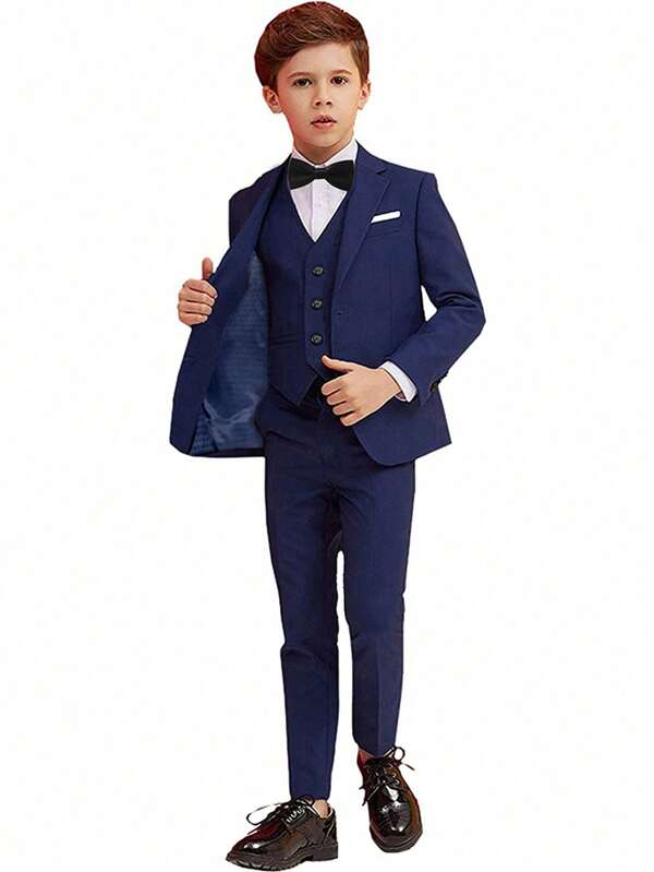Costume pentru băieți Set de costume 5 piese Smoking pentru copii mici Îmbrăcăminte pentru purtător de inele ținută pentru nuntă Blazer vestă pantaloni cămăși cravată costume formale pentru copii bleumarin mărime 4-16 ani
