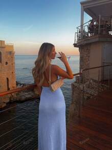 Abito lungo vacanziero da donna con scollo a V, spalline, maglia lavorata a maglia, schiena scoperta, ricamo, apertura alle gambe, senza maniche, lunghezza pavimento, in raso, con spalline sottili, motivo floreale, attillato, copricostume estivo, spacco laterale, elegante, per feste e cocktail, stile Ibiza