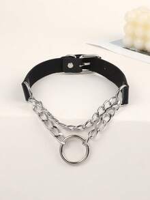 1pc Women's Double Chain Heart Pendant, Pin Buckle Double Ring Choker, Round Ring + Chain Spike, Chain Heart Pendant, Chain Cross Pendant, Large Round Ring Pendant, Double Chain Round Ring Pendant, Pin Buckle Double Ring Choker, Boho Fashion Punk Adjustable Collar Choker