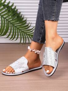 2025 New Summer Minimalist Fashion Outdoor Flat Slippers For Plus Size Women, Versatile - Silver - View 5