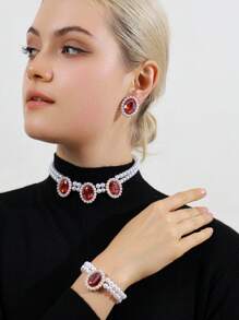4pcs/Set Elegant Minimalist Jewelry Set For Women: 1pc Pearl Necklace, 1 Pair Crystal Earrings, 1pc Beaded Bracelet, Suitable For Daily Wear