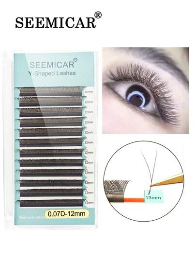 SEEMICAR 1 Stück 12 Reihen C 0,07 Dicke braune YY Wimpernverlängerungen Y-Form Wimpern 8-15mm gemischte Länge Wimpernfächer Vorgewellt Wispies Kreuzweise Augenbrauen Volumen Volles Flauschiges Volumen Aussehen Handgewebt Natürlich Weich