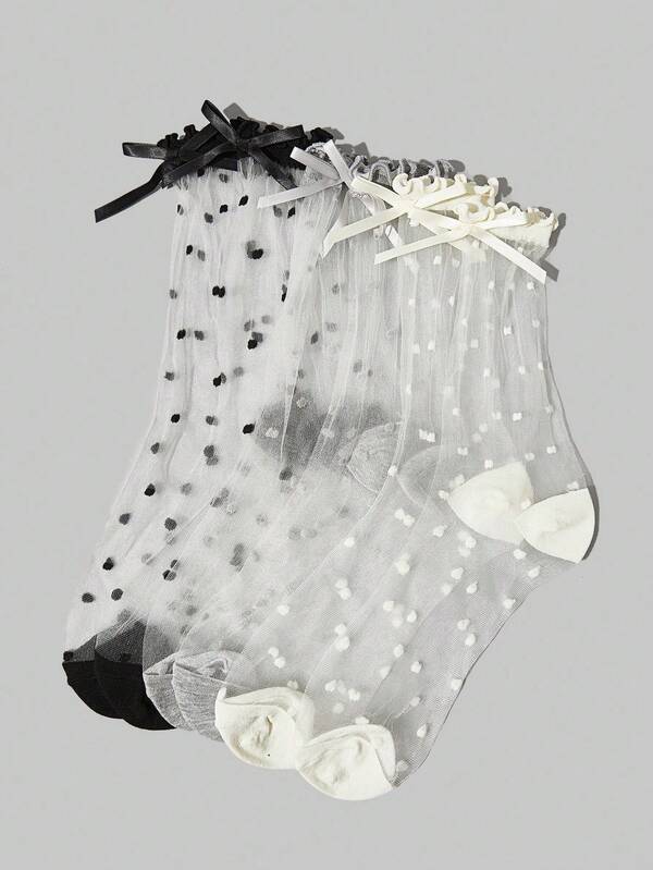 1/2/3 Pairs, Super Thin Glass Silk Women Socks, Sweet Bow Tie Mid-Calf Socks, Mesh Breathable Polka Dot Transparent Socks, Ladies Socks, Cute Socks, Girls Socks, Suitable For Spring, Autumn, Winter, Mesh Breathable Details, Moisture-Wicking, Soft And Smooth, Suitable For Various Occasions Like Festivals, Sports, Casual, Business, Can Be Worn All Year Round, Fall