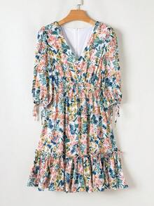 Acelitt Cute Casual Floral Print High Waisted Ruffle Hem Shirred Dress