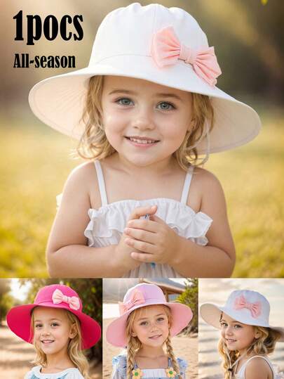 1pc Girls' Adjustable Round Top Silk Bow Lightweight Bucket Hat, Cute & Fashionable, All Season