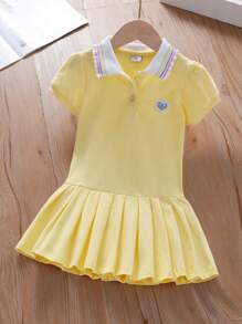 Vestido polo de manga corta casual para niñas con cuello, bordado de corazón y arcoíris, para el verano