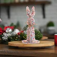 Decoraciones de mesa de Pascua con lindos conejitos de tela con estampado de lunares, flores y cuadros, centros de mesa para decoración de fiestas en casa. - Blanco - Ver 4