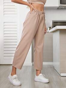 Pantalón de pierna recta para mujer, diseño sexy, elegante y casual, tela de poliéster y spandex, apto para temporadas de primavera y verano, ajuste de cintura natural con resorte y cordón, bolsillos funcionales. Suave, fresco y ligero. - Beis - Ver 4