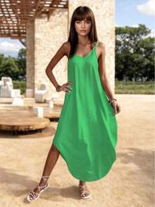 Vestido Midi Holgado de Escote en V con Tirantes - Verde - Ver 1