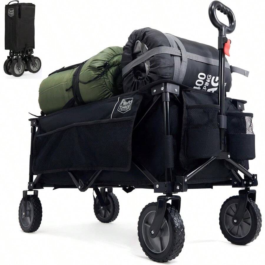 TIMBER RIDGE Festival Trolley On Wheels Folding Camping Wagon With Adjustable Handle And Cup Holder Collapsible Beach Cart Foldable For Outdoor Garden Picnic Shopping 100KG Capacity Black - Black1 - View 1