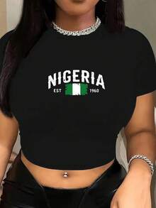 Nigeria EST 1960 Flag Distressed Graphic Print Women's Y2K Crop T-Shirt, Camiseta Corta Para Mujer Con Estampado De Bandera De Nigeria Desgastado, Slim Fit Baby Tee, Heritage Pride Top Suitable For Nigerian Descendants & Cultural Style Fans, Free Shipping - màu đen - Xem 1