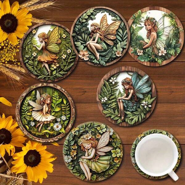 6 Stücke Set Holz-Untersetzer - 2D Blumen-Motiv mit grünen Blumen und Blättern, geeignet für Getränke, Kaffee und Tee - ideal für Zuhause, Bar und Restaurant Dekoration, Blumen Dekoration, Tischplatte, Küchenaccessoires, Wohndekoration, Geburtstagsgeschenk, Rückkehr zur Schule, Geschenk