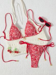 2pcs Women Knit Jacquard Cute Split Bikini Swimsuit, Vacation Beach - Red - View 1