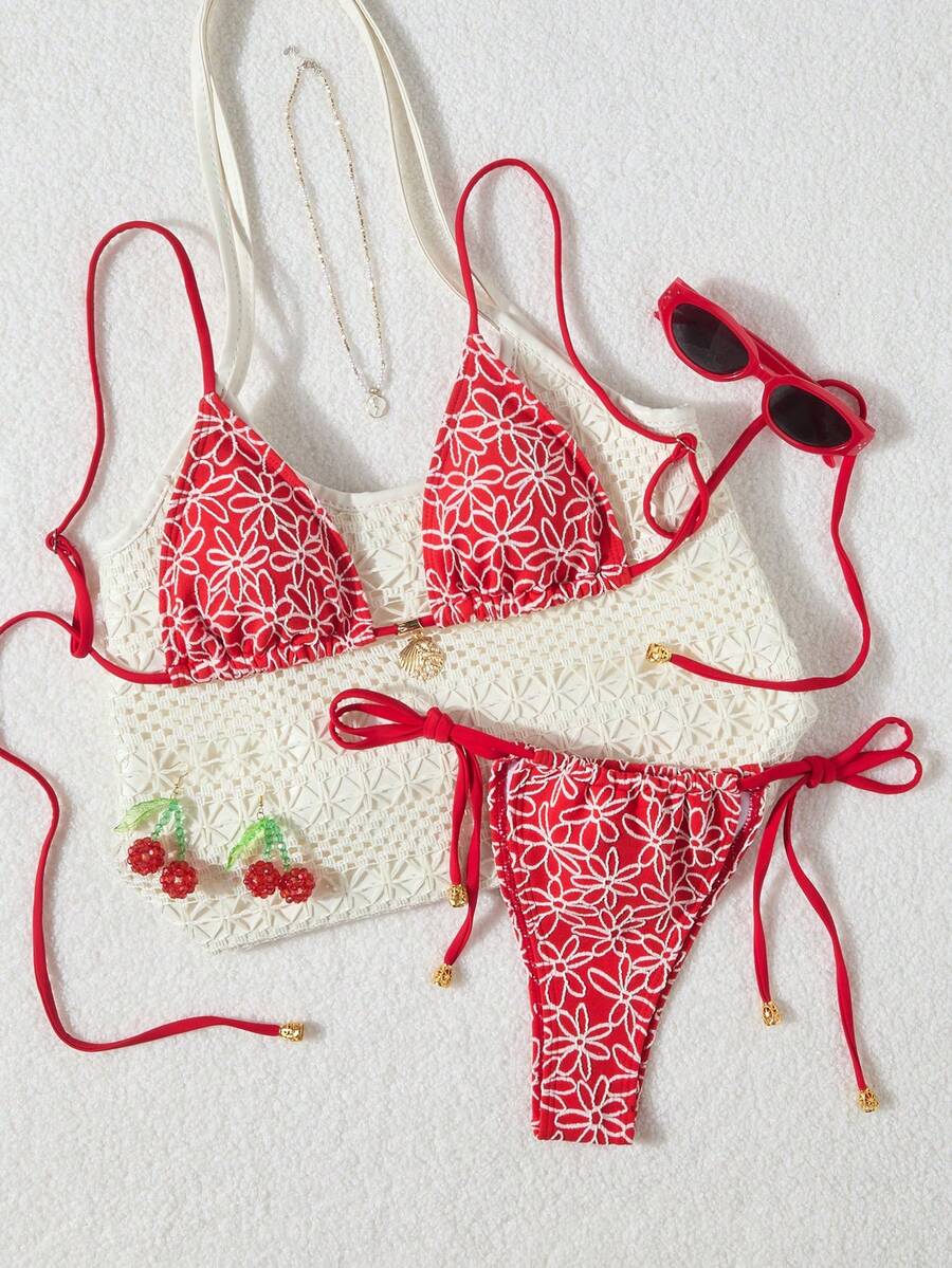 2pcs Women Knit Jacquard Cute Split Bikini Swimsuit, Vacation Beach - Red - View 1
