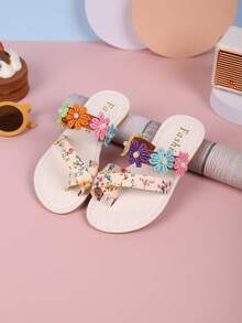 2024 Summer Girls Fashion Slippers, Elegant Floral, Flip Flops, Suitable For Children Travel & Vacation - Beige - View 5