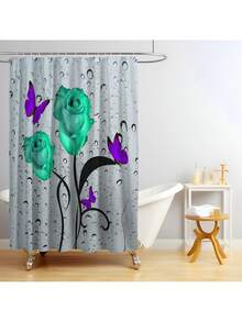 1pc/4pcs Romantic Rose & Butterfly Printed Bathroom Curtain Set, Adds Dreamy Atmosphere To Bathroom. Includes Shower Curtain With 12 Hooks, Bath Rug, U-Shaped Toilet Mat, Toilet Lid Cover, Bathroom Divider, Bathroom Accessories, Bathroom Decor