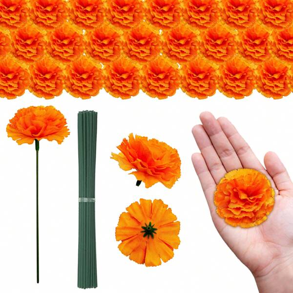 50 pièces/100 pièces Tiges de fleurs de gerbera orange, pour le Jour des Morts, les décorations de Diwali, la décoration d'automne
