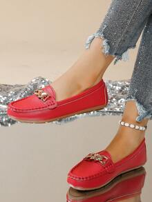 Women's Spring New Stylish Gold Chain Slip-On Loafer Shoes, Lightweight Comfortable Rubber Flat Versatile Casual Shoes - Red - View 5