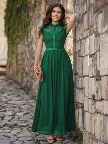 MIUSOL Mock Neck Floral Lace Scallop Trim Chiffon Formal Party Maxi Dress, Elegant Party Dress For Women, Formal Evening Gown, Prom Dress, For Wedding Guest, Graduation, Dinner - Green - View 8