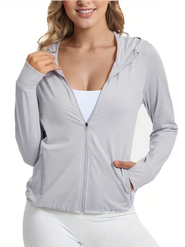 Chaqueta para mujer con protección solar UPF 50+ para hacer ejercicio en verano, camisa con capucha y bolsillo para refrescarse para senderismo al aire libre, cordón ajustable y desmontable