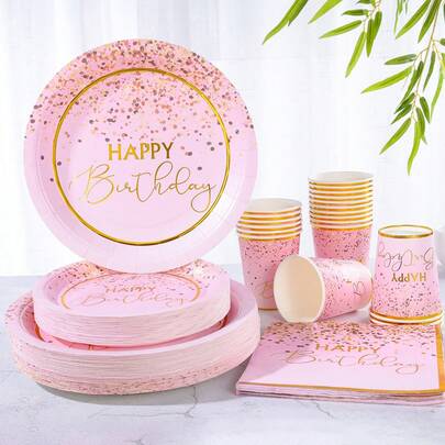 96pcs Pink Base & Gold Half Dot Birthday Party Supplies Set, 7/9 Inch Pink & Gold Dot Birthday Party Plates, Rose Gold Foil Plates, Napkins, Suitable For Birthday Celebration