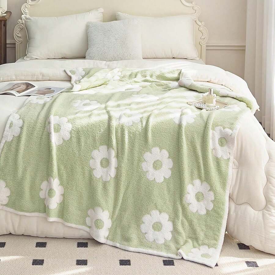 Soft Cozy Spring Floral Throw Blanket Flowers Daisy Sunflower Green Plants Microfiber Knitted Blanket Pink Fluffy Fleece Blanket Birthday Gift Home Decor For Sofa Couch Bed 30x40 Inches (Pink) - 抹茶綠 - 查看 1