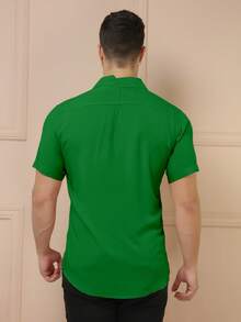 YLF MODAS Men's Short Sleeve Button Down Shirt Plain - Verde Oscuro - Ver 6