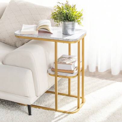SoBuy FBT110-G Side Table With 2 Shelves Sofa Table Coffee Table Laptop Table Bedside Table Nursing Table With Golden Metal Frame W X H X D Approx.: 50 X 58 X 30 Cm