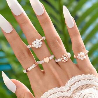 5pcs Boho-Chic Beaded Ring Set With Heart & Flower Designs - Cute Resin Fashion Rings For Women