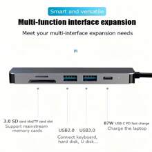 USB C Hub 6 In 1 Type C 3.1 To 4K Adapter With SD/TF Card Reader PD Fast Charge 2.0/3.0 Data Transfer Port USB Flash Drive Socket Compact And Portable Carry On Business Trips For Laptop Computer PC Android Phone Tablet