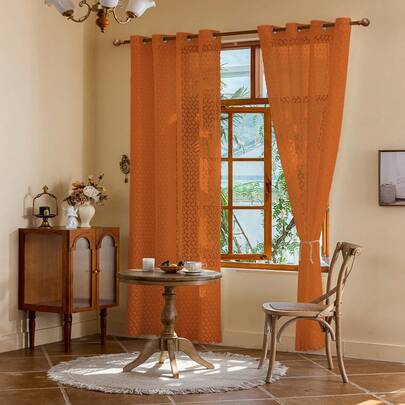 2pcs, Coffee Bean Pattern, Light Orange Lace, Translucent, Machine Washable, Perfect For Bedroom, Kitchen, Wardrobe Decoration, Living Room Curtains