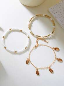 3pcs Set Fashionable Personalized Rice Beads & Seashell Pendant Multi-Layer Anklet, Versatile For Summer Beach, Holiday Party, Daily Casual, Great Gift - Shell Pendant Anklet - View 3