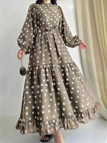 女士优雅碎花灯笼袖阿拉伯风格长裙，端庄大方 - 杏色 - 查看 3