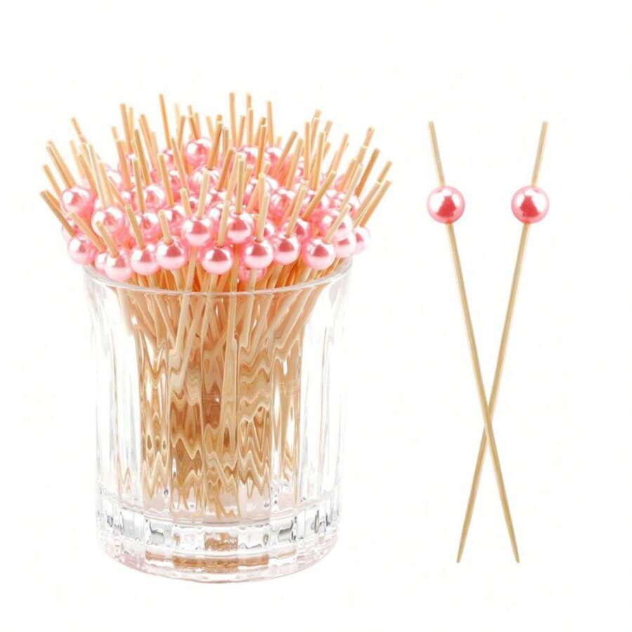 700pcs/200pcs/100pcs/50pcs/20pcs/10pcs Gold/Pink/White/Silver Disposable Round Bamboo Skewers, Creative Pearl Design, Suitable For Kitchen, Salad, Wedding, Holiday Party, Gathering, Birthday Party - Pink - View 1