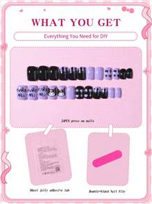 Sanrio Sanrio Kuromi 24Pcs Short Square Nail Sanrio Tip Press On Nails Cute Kuromi Design Perfectly Fits Acrylic Fake Nail Set,Including 1 Jelly Glue And 1 Nail File ,Hello Kitty Nails For Children And Girls Daily Life Use Nail Supplies Nails