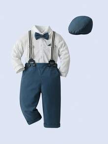 BOARNSEORL Outfit da gentiluomo per bambini maschi, include camicia a maniche lunghe con fiocco, pantaloni con bretelle e cappello, adatto per feste di compleanno, eventi formali, matrimoni, battesimi, occasioni festive