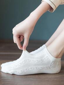 5 Pairs Women's Solid Color Ankle Socks, Summer Boat Socks, Plaid Design