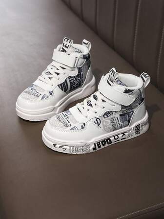 Barnmode svarta och vita kombinationer av slumpmässigt mönster med kardborredesign, sportskor, bekväma för småbarn, promenader, skola, utomhuslek, höga, mångsidiga, löparskor